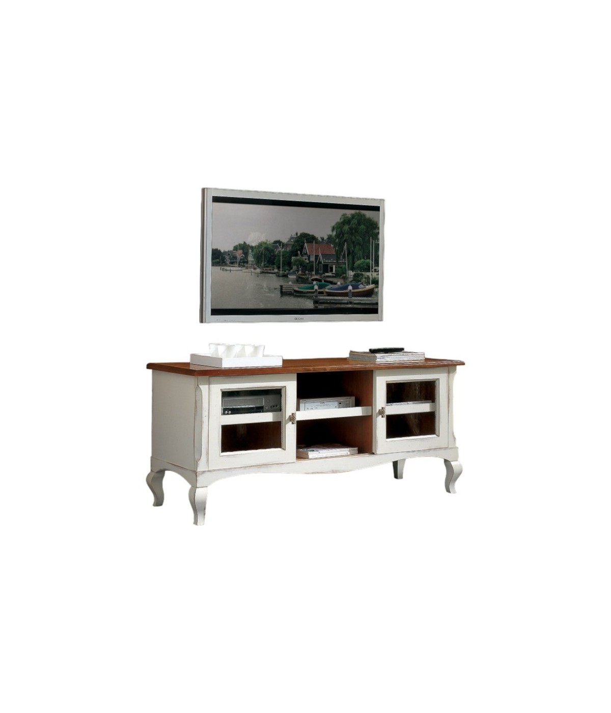 MOBILI 2G -  Porta Tv 2 porte scorrevoli Shabby legno bianco Consumato 146X50x65 VISTA FRONTALE