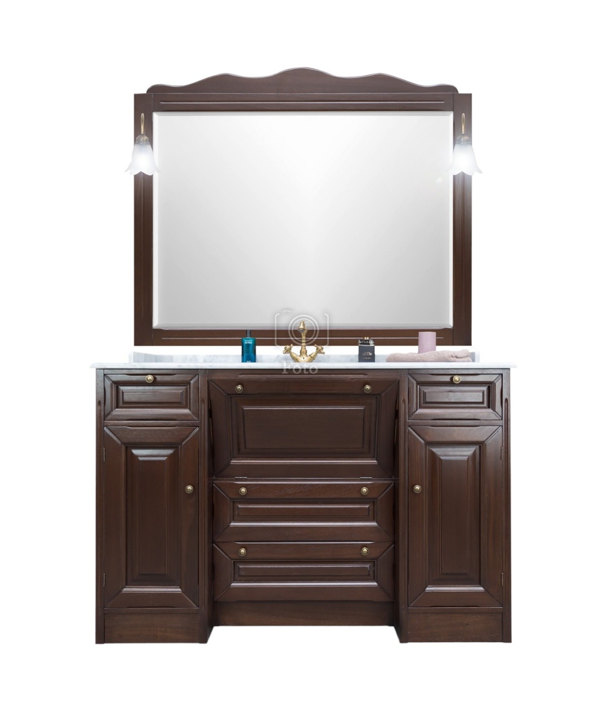 MOBILI 2G - Mobile bagno classico legno con marmo tinta noce L.134 P.62 vista frontale