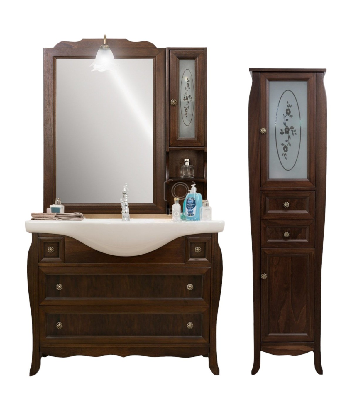 Mobile bagno classico con colonna legno tinta noce L.108 P.50