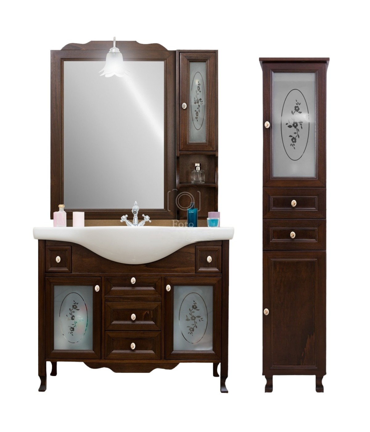 MOBILI 2G - Mobile bagno Classico Sagomato con Colonna Legno Tinta Noce L.105 P.50 vista frontale