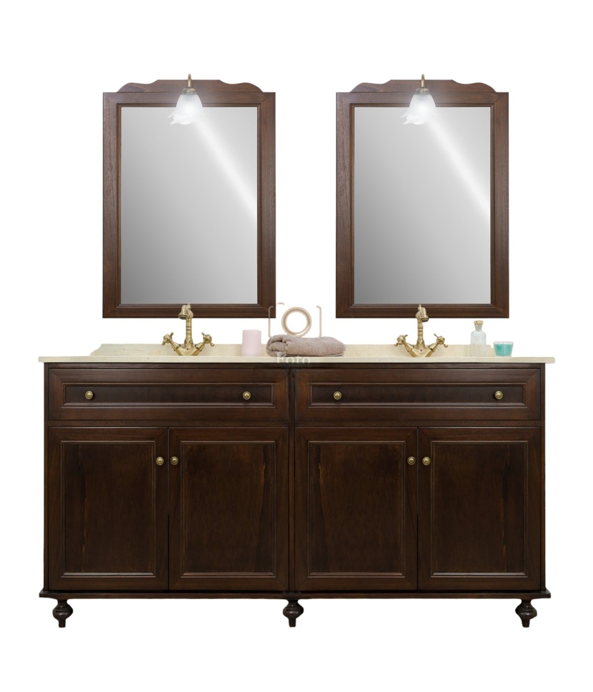 MOBILI 2G - Mobile Bagno arte povera legno doppia vasca Marmo crema  L.160 P.60 vista frontale