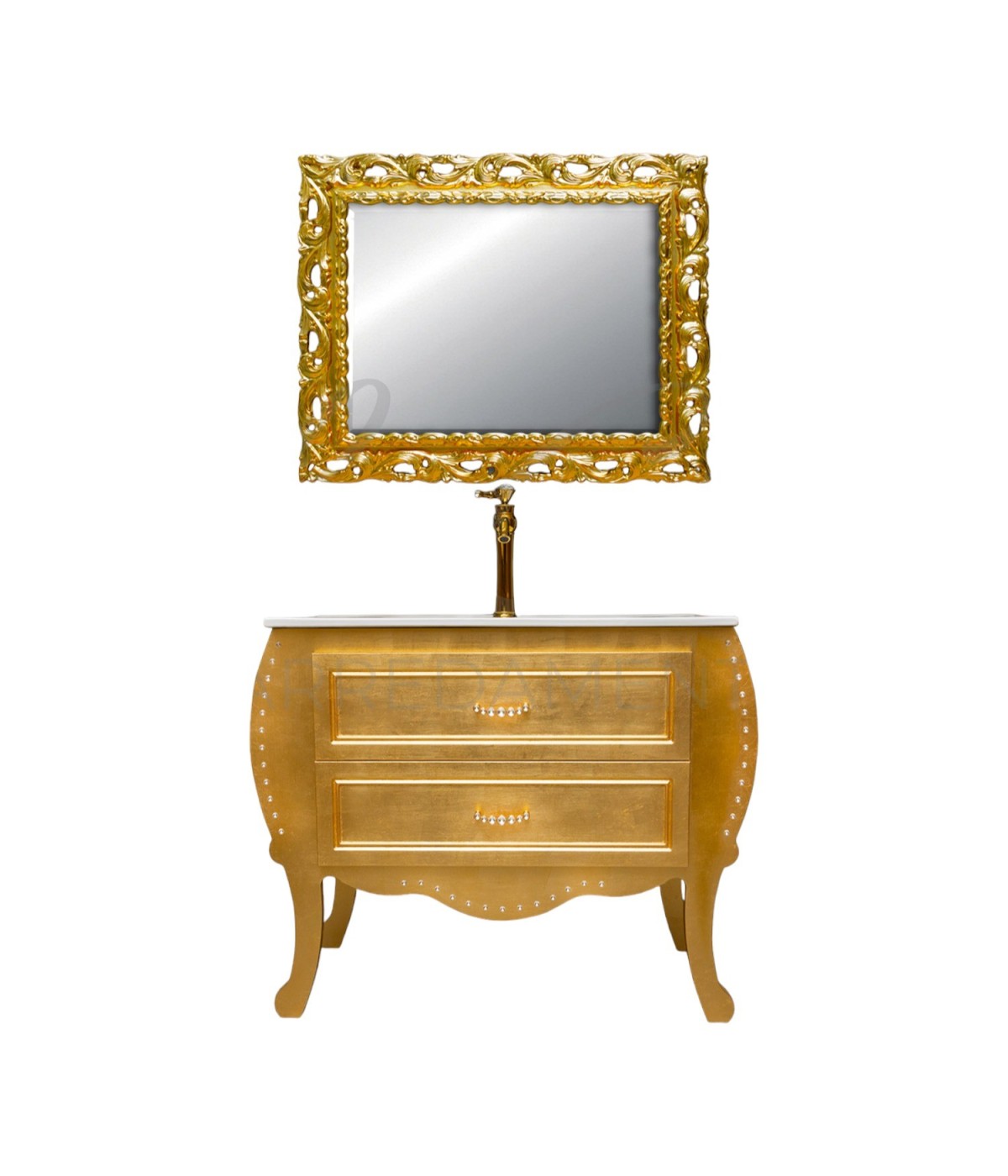 MOBILI 2G - MOBILE BAGNO SAGOMATO CLASSICO 2 CASSETTI LEGNO ORO L.90 P.46 VISTA FRONTALE