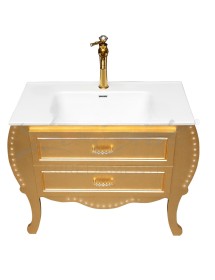 MOBILI 2G - MOBILE BAGNO SAGOMATO CLASSICO 2 CASSETTI LEGNO ORO L.90 P.46 VISTA FRONTALE