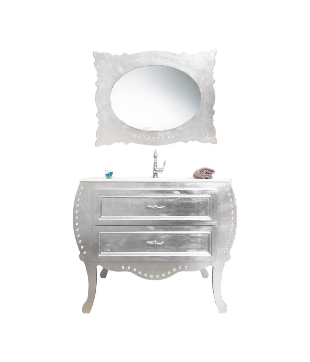 MOBILI 2G - MOBILE BAGNO SAGOMATO CLASSICO 2 CASSETTI LEGNO ARGENTO L.90 P.46 vista frontale