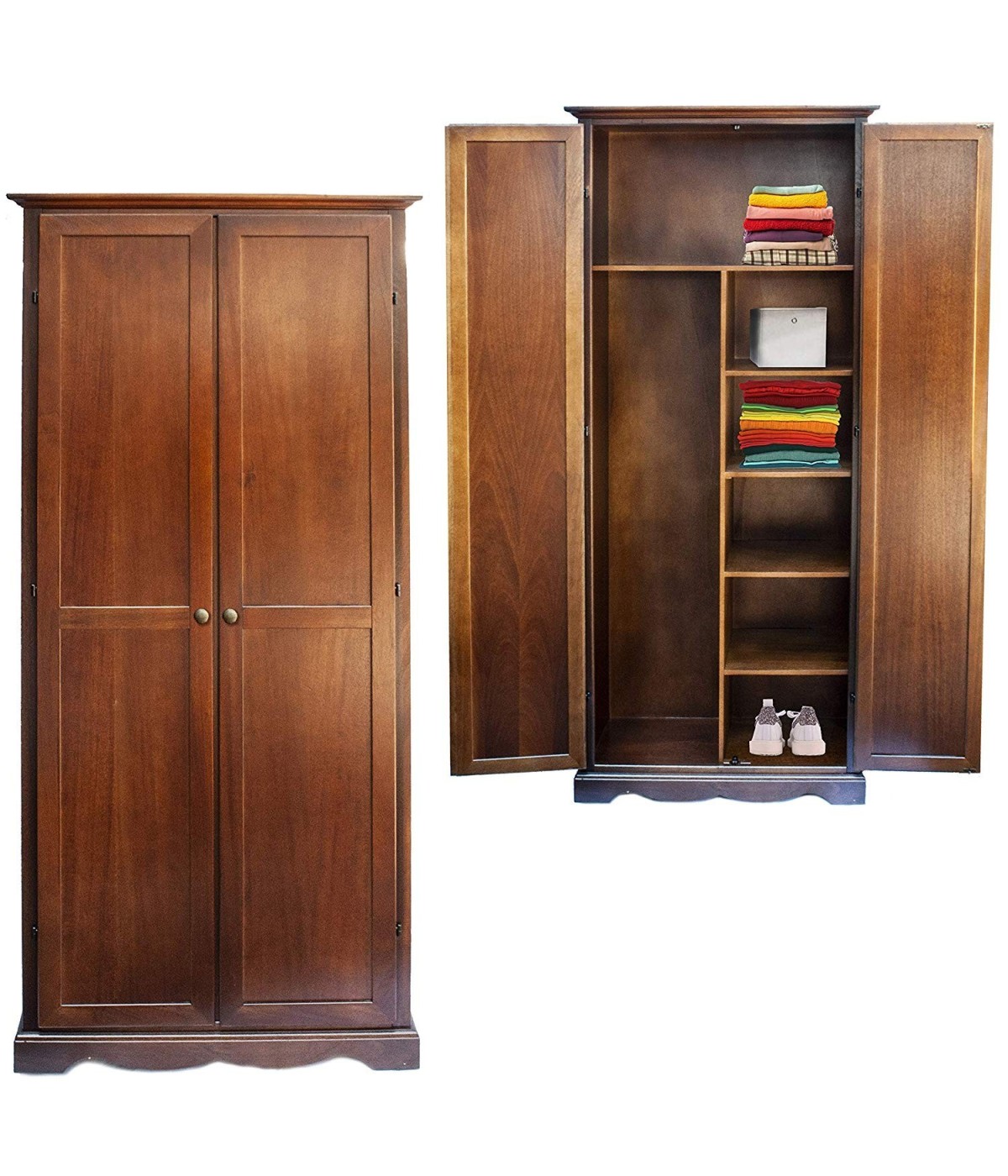 MOBILI 2G - ARMADIO STIPO IN LEGNO NOCE SCURO ARTE POVERA  87x40x192 VISTA FRONTALE CHIUSO E APERTO