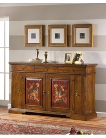 MOBILI 2G - Madia Credenza in legno 4 porte noce antico con decori 201x 52 x114 vista frontale