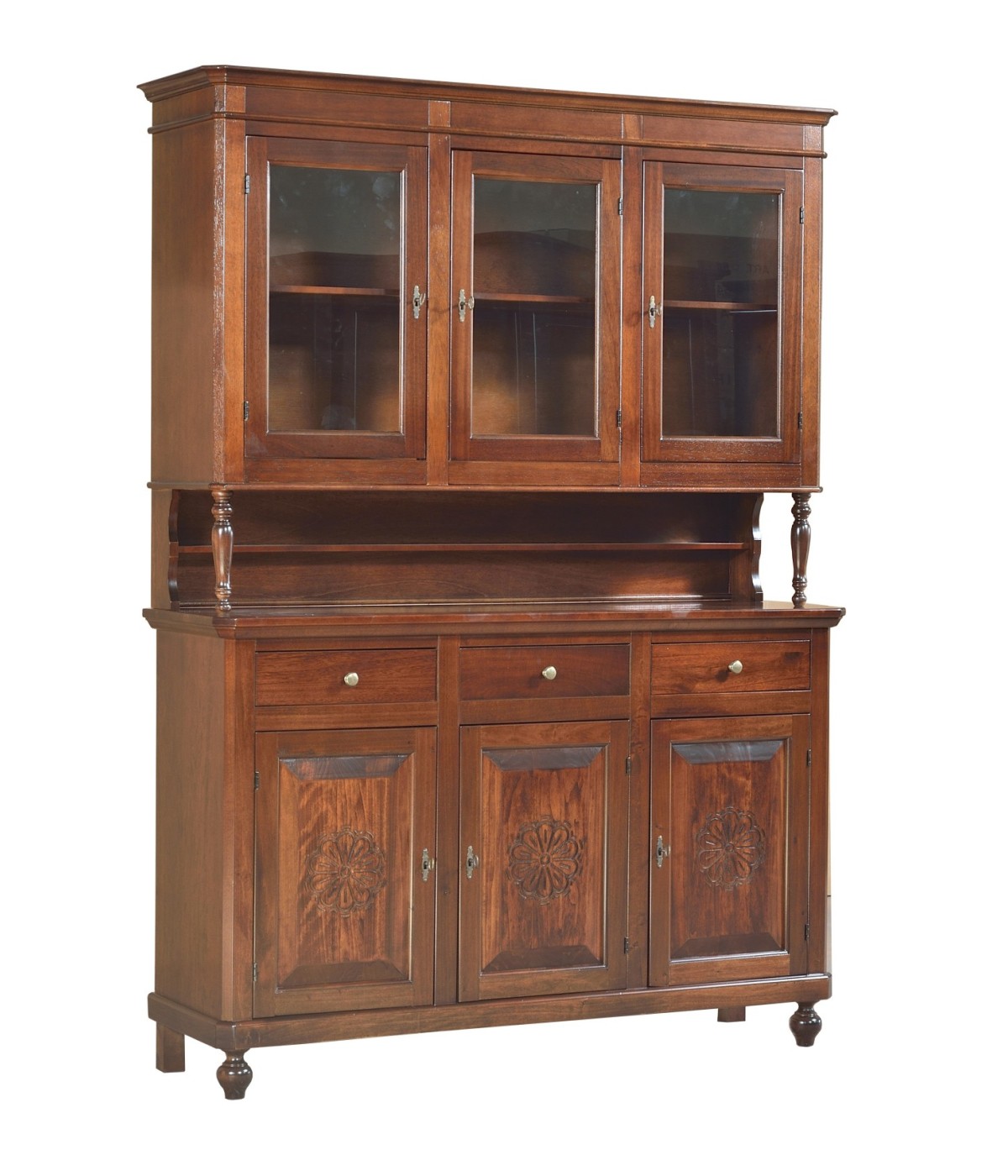 MOBILI 2G - Cristalliera 3 ante legno massello tinta noce 150 x 43 x 218 h vista frontale