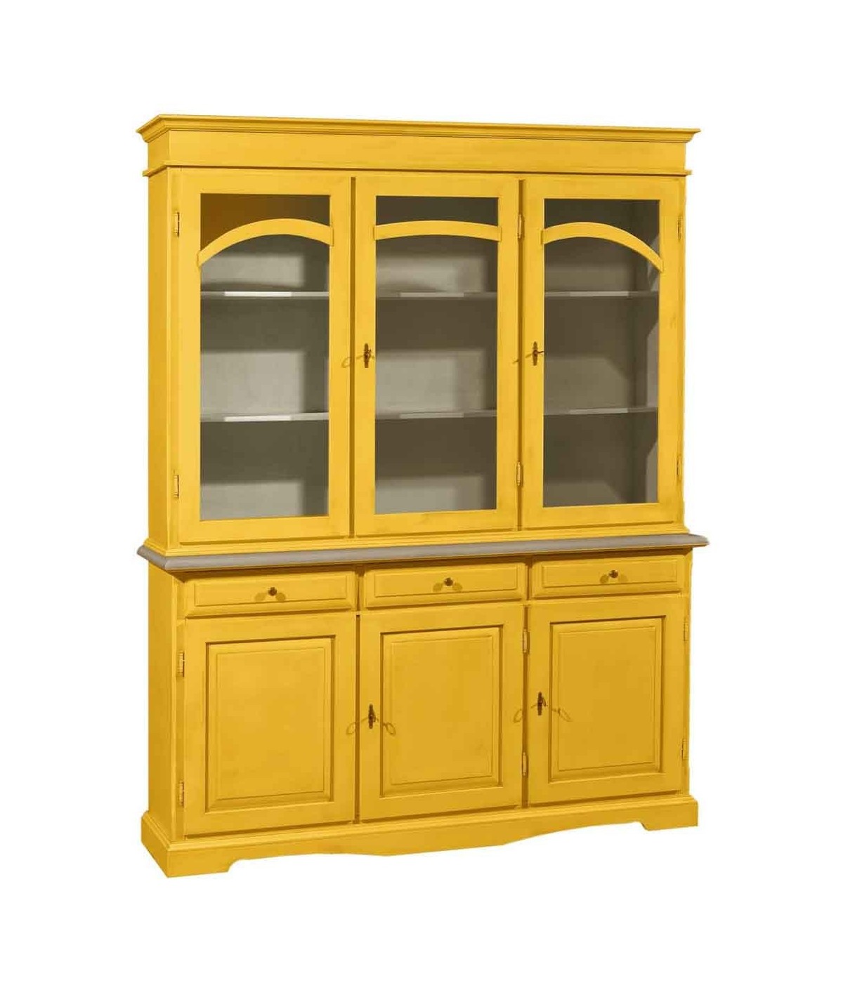 MOBILI 2G - CRISTALLIERA 3 ANTE LEGNO PENNELLATO GIALLA 156X42X205 VISTA FRONTALE