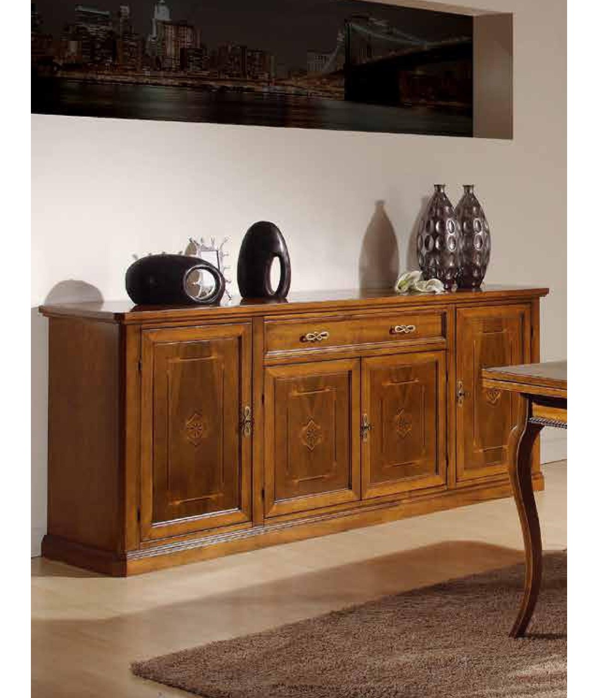 MOBILI 2G - CREDENZONE IN LEGNO 4 PORTE 1 CASSETTO INTARSI TINTA NOCE 211X49X90 VISTA FRONTALE