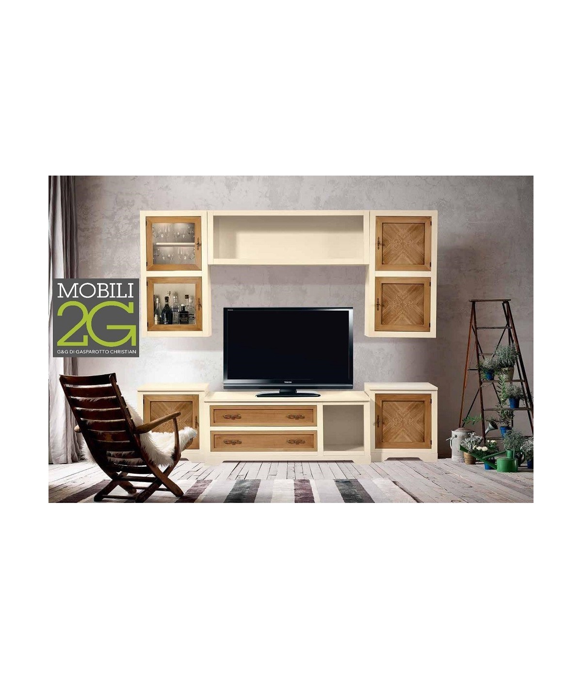 MOBILI 2G - PARETE ATTREZZATA IN LEGNO AVORIO/NOCE GRANO 260X65 vista frontale