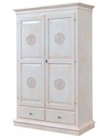 MOBILI 2G - ARMADIO 2 PORTE LEGNO SHABBY BIANCO INVECCHIATO CON DECORI 125X61X200