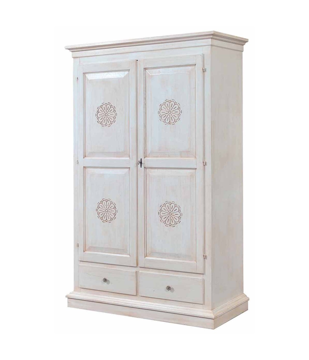 MOBILI 2G - ARMADIO 2 PORTE LEGNO SHABBY BIANCO INVECCHIATO CON DECORI 125X61X200
