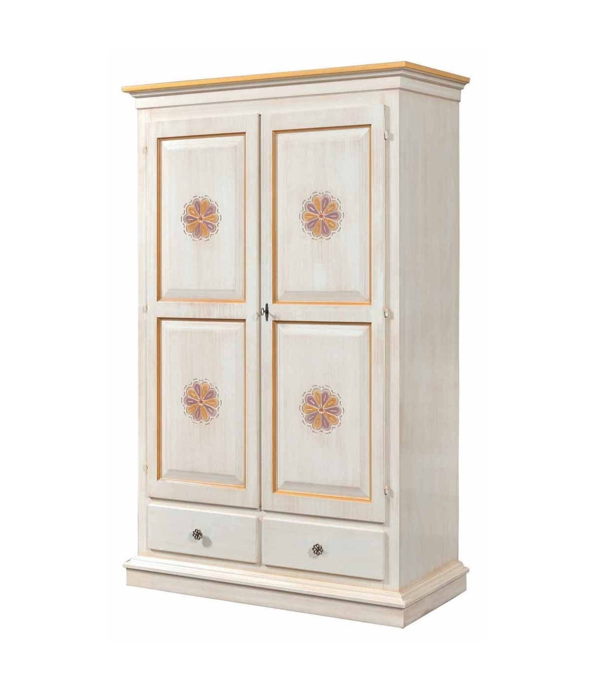 MOBILI 2G - ARMADIO 2 PORTE LEGNO SHABBY AVORIO PENNELLATO E DECORI 125X61X200