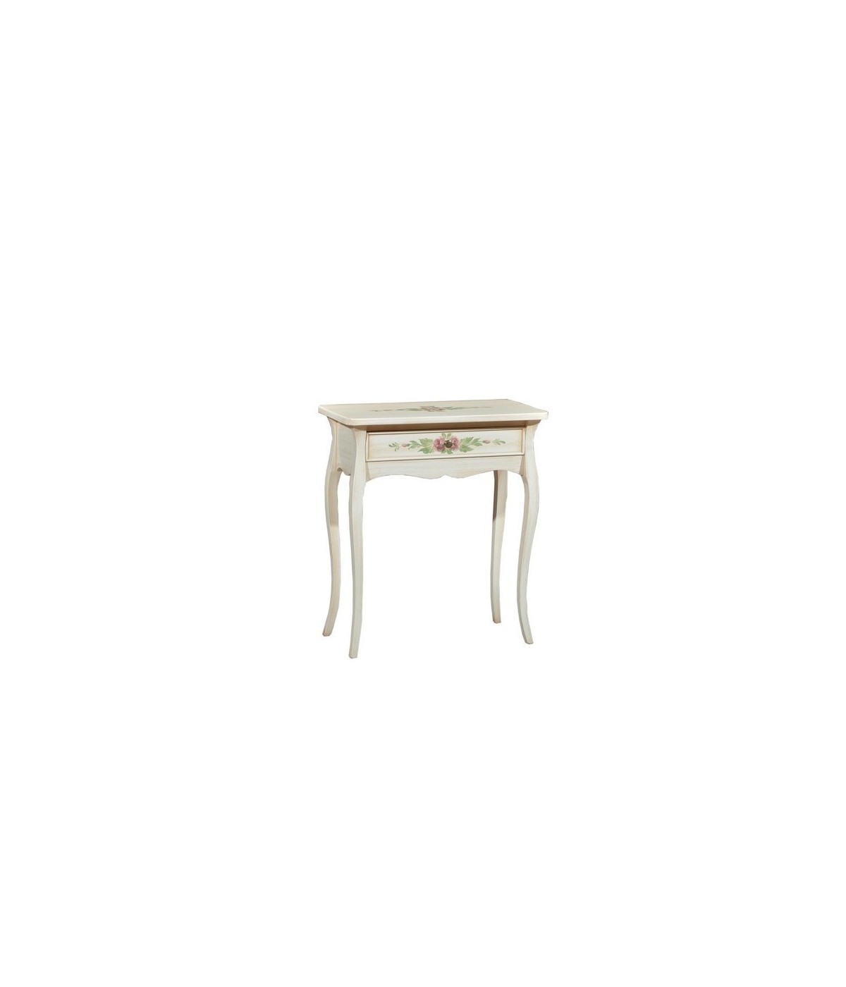 CONSOLLE IN LEGNO 1 CASSETTO LACCATO AVORIO PATINATO CON DECORI MISURA L.62 P.31 H.70