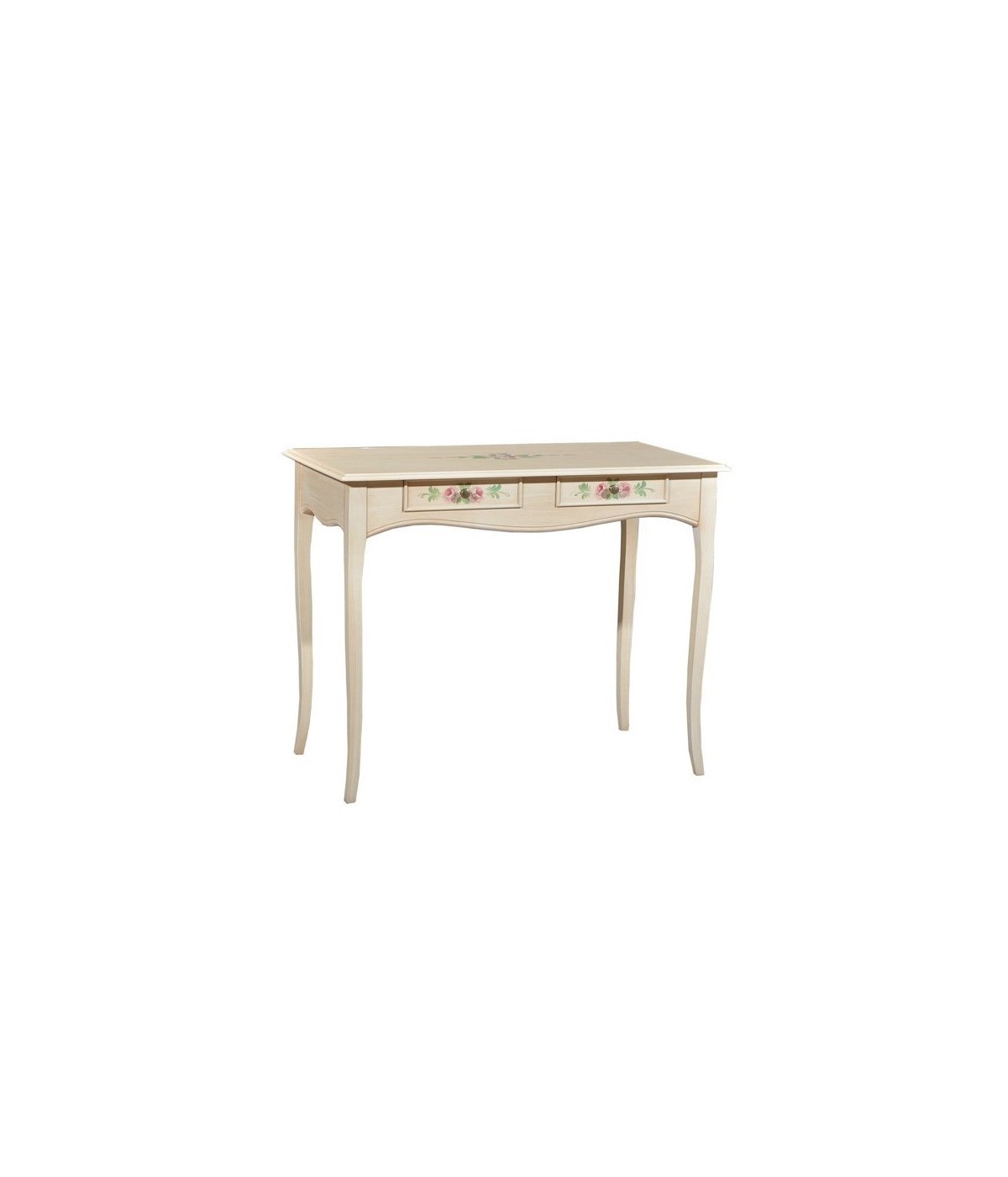 CONSOLLE IN LEGNO 2 CASSETTI LACCATO AVORIO PATINATO CON DECORI MISURA L.101 P.54 H.80