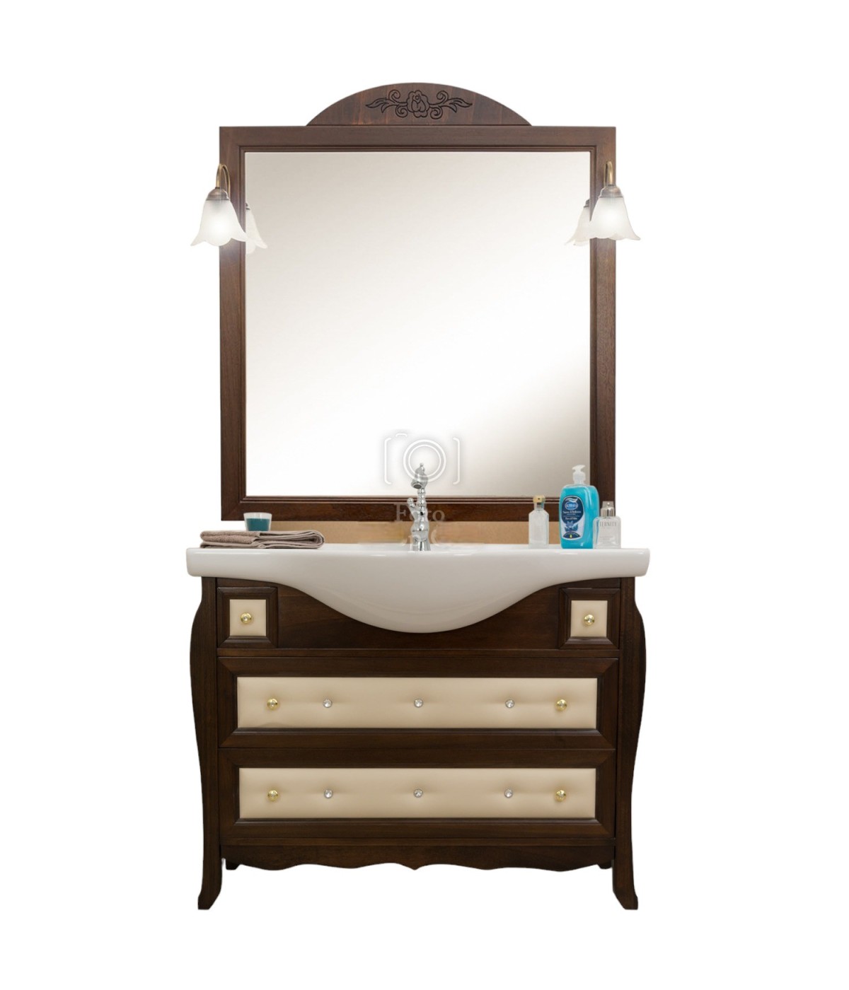 MOBILI 2G - Mobile bagno classico pelle e brillanti legno tinta noce L.107 P.50 vista frontale