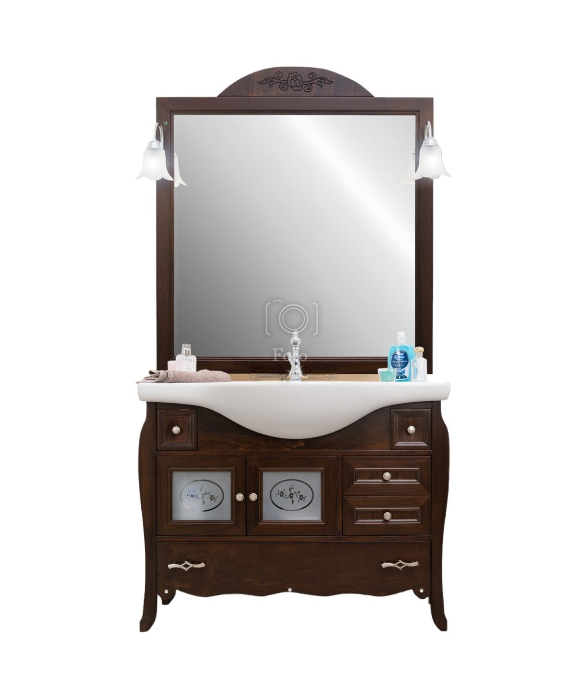 MOBILI 2G - Mobile bagno classico sagomato legno brillanti tinta noce L.105 P.50 vista frontale