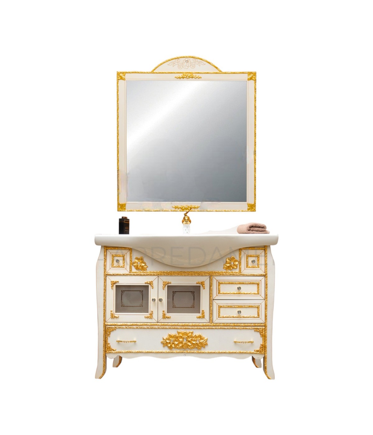 MOBILI 2G - Mobile bagno legno barocco legno decapè avorio oro L.105 P.50 vista frontale