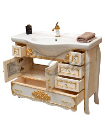 MOBILI 2G - Mobile bagno legno barocco legno decapè avorio oro L.105 P.50 vista frontale cassetti e porte aperti