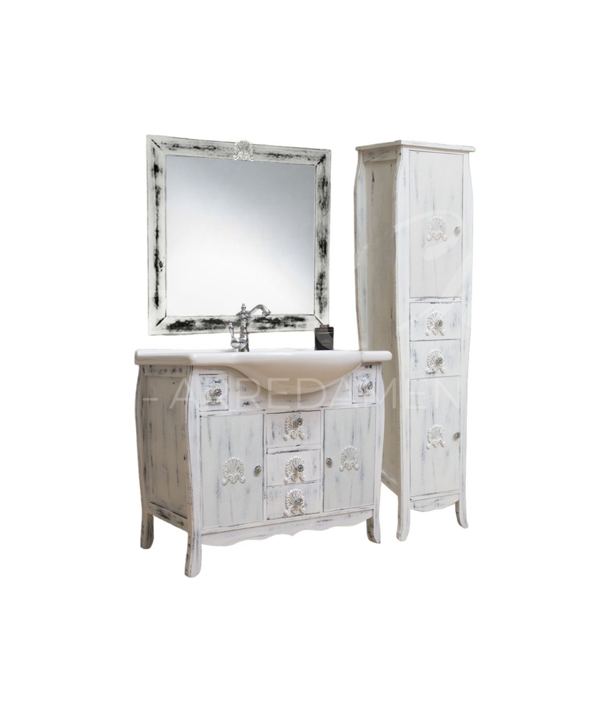 MOBILI 2G - Mobile bagno legno completo bianco invecchiato shabby chic vista frontale