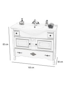 MOBILI 2G - Mobile bagno classico legno bianco shabby chic L.105 P.50 vista frontale schema misure base