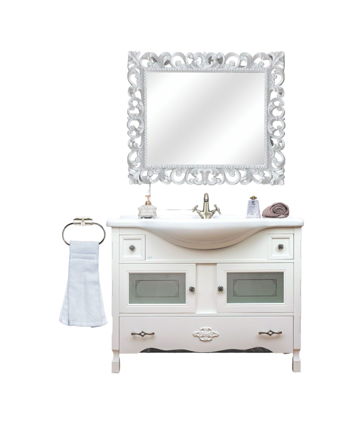 MOBILI 2G - Mobile bagno classico legno bianco shabby chic L.105 P.50 vista frontale