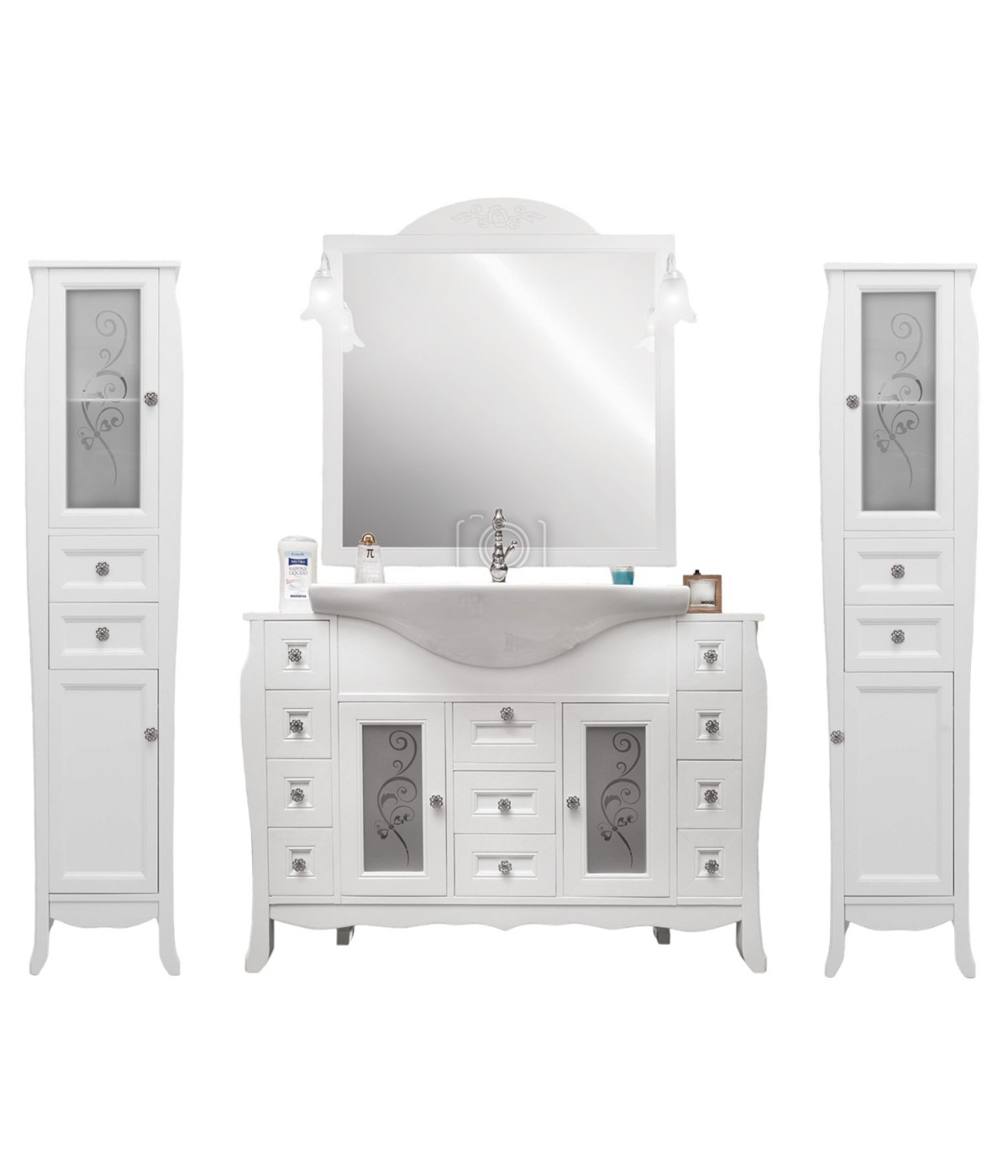 MOBILI 2G - Mobile bagno completo classico legno bianco shabby L.123 P.50 vista frontale