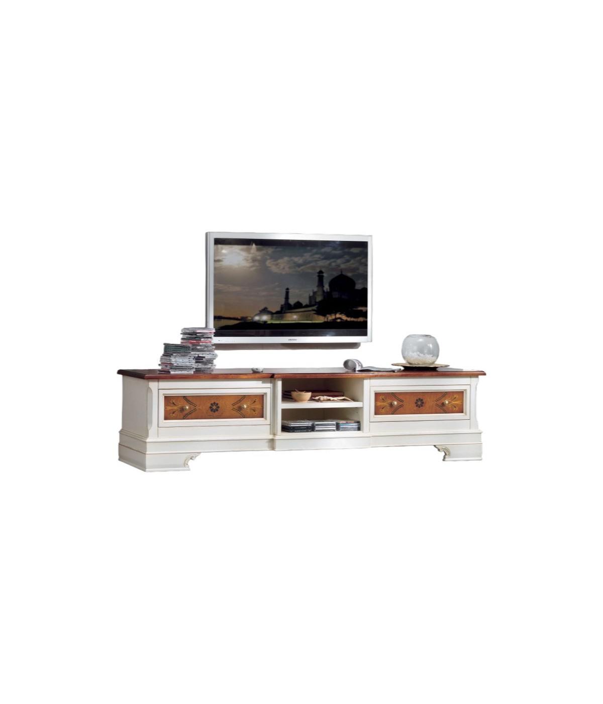MOBILI 2G - Porta tv classico 2 cassetti legno shabby bicolore  200x52x50 vista frontale