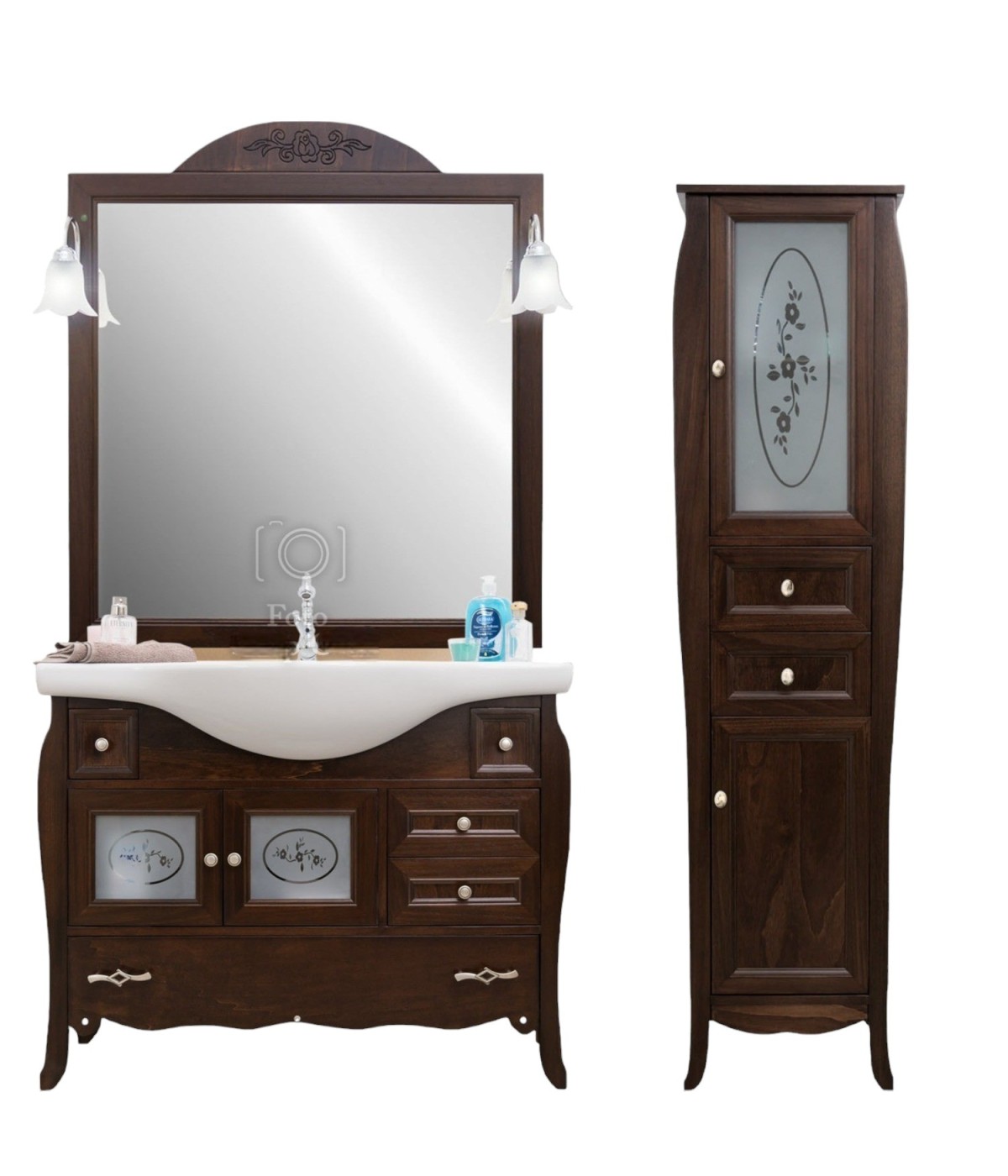 MOBILI 2G - Mobile bagno completo classico colonna legno brillanti tinta noce vista frontale