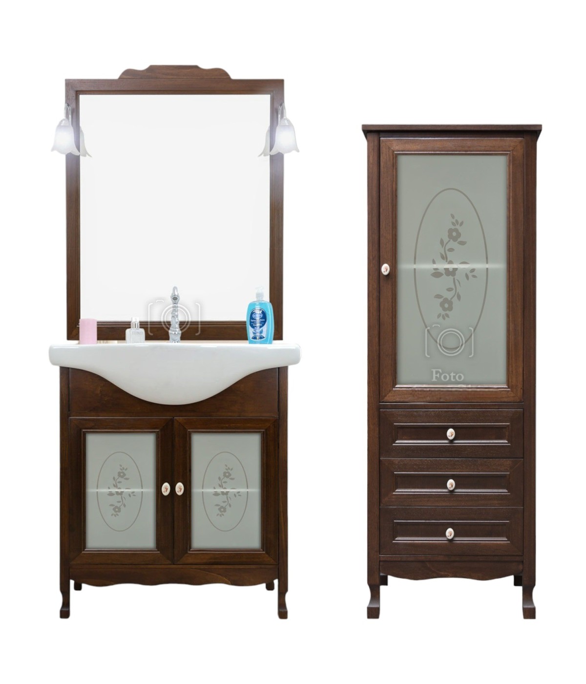 MOBILI 2G - Mobile bagno arte povera con colonna legno tinta noce vista frontale