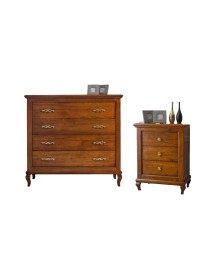 MOBILI 2G - Camera in legno massello arte povera tinta noce finitura bassano vista frontale cassettiera e comodino