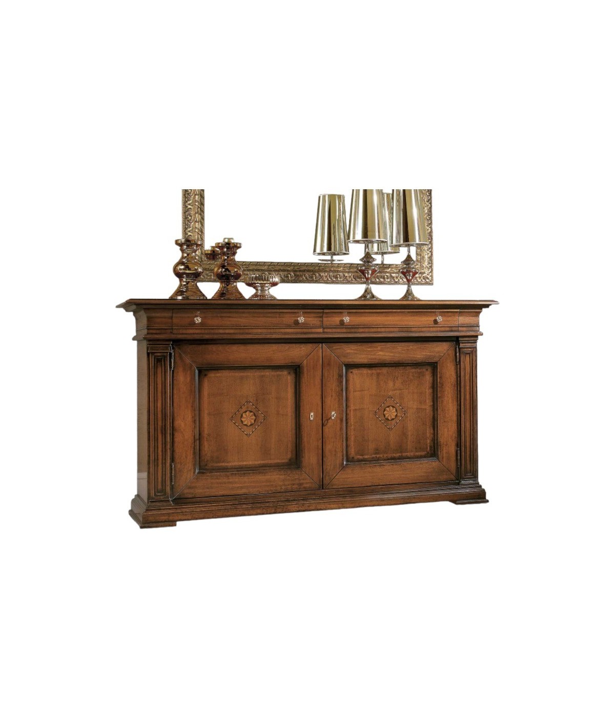 MOBILI 2G - Credenza classica 2 porte 2 cassetti legno tinta noce segreto 200X58x113 vista frontale