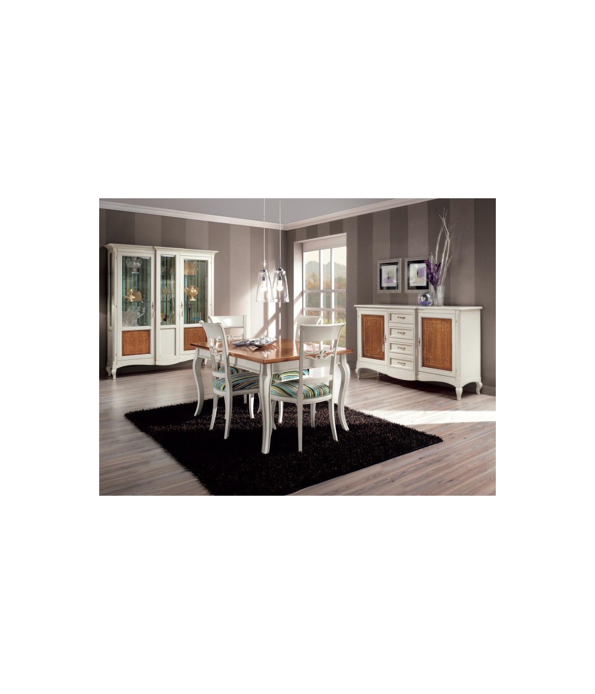 MOBILI 2G -  Soggiorno Classico completo Legno intarsiato bicolore shabby VISTA FRONTALE