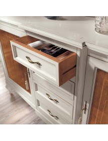MOBILI 2G -  Soggiorno Classico completo Legno intarsiato bicolore shabby VISTA FRONTALE CREDENZA CASSETTI APERTI