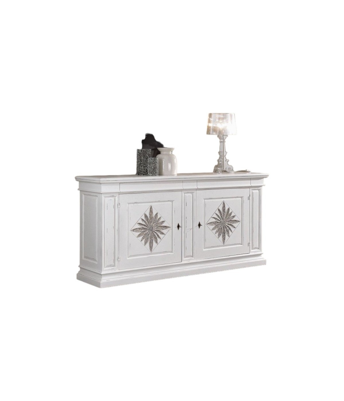 MOBILI 2G - Credenza 2 porte 2 cassetti legno intarsio bianco shabby 230X57X113 vista frontale