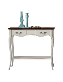 MOBILI 2G - Consolle classica 2 cassetti legno bianco shabby bicolore 88X33x79 VISTA FRONTALE