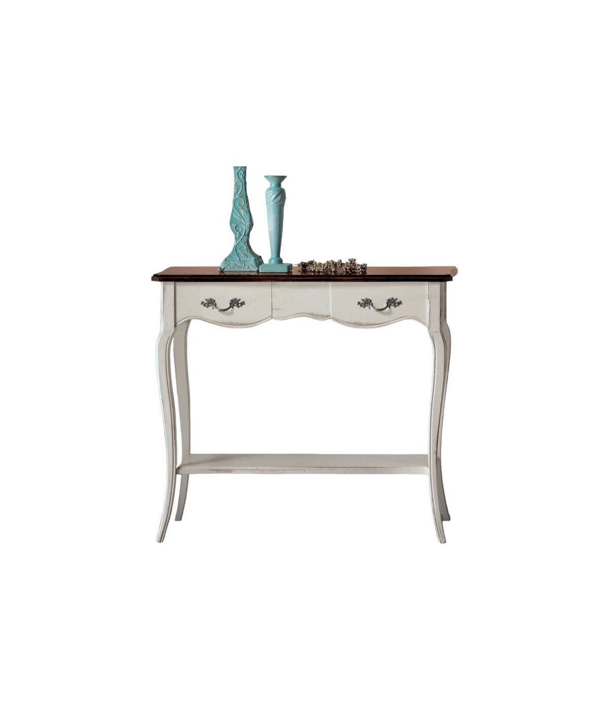 MOBILI 2G - Consolle classica 2 cassetti legno bianco shabby bicolore 88X33x79 VISTA FRONTALE
