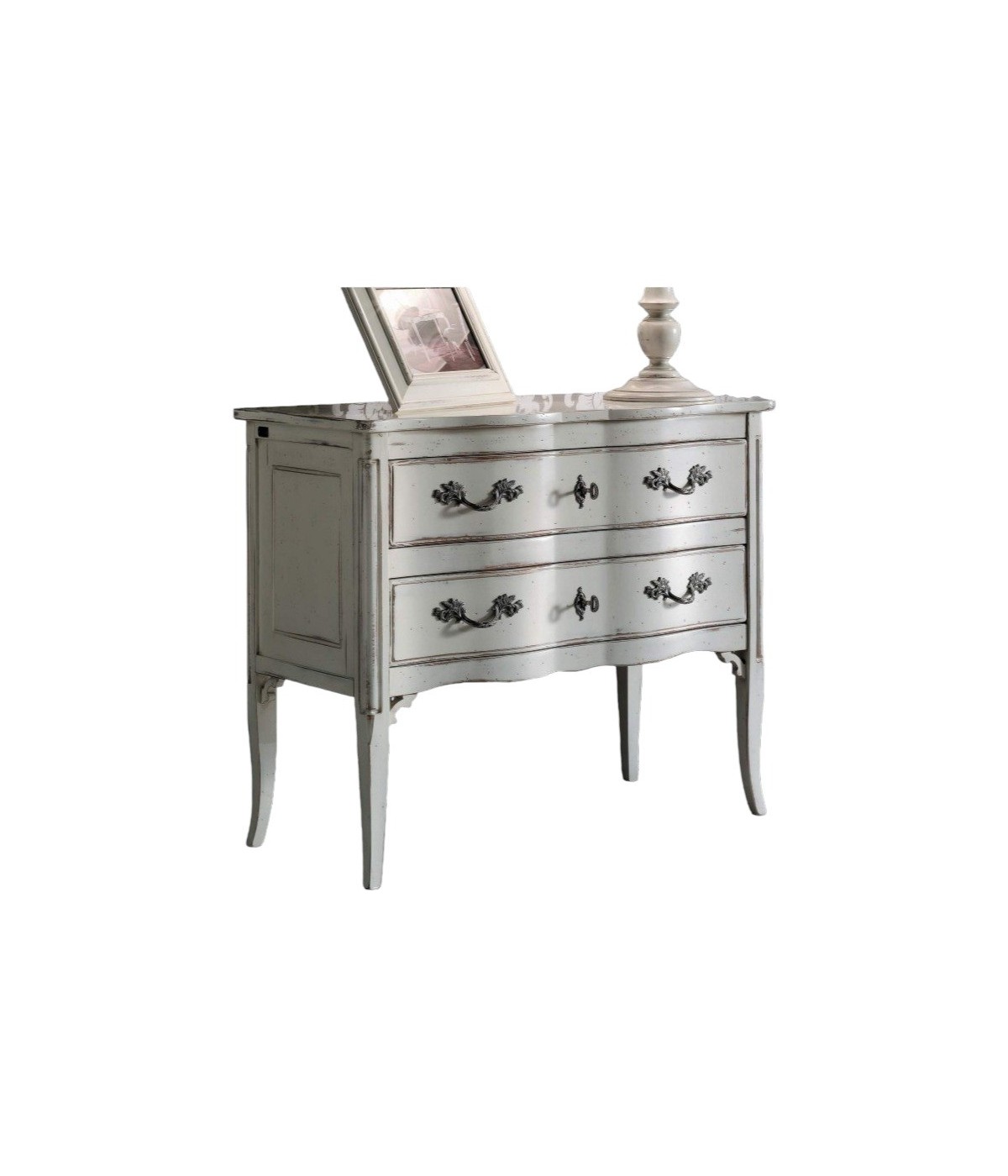 MOBILI 2G - Cassettiera 2 cassetti Legno bianco Shabby chic 92x44x79 vista frontale