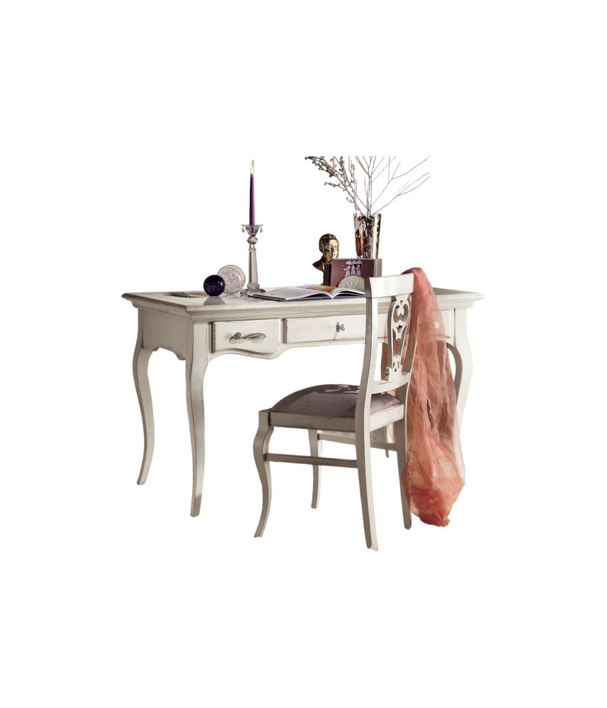 MOBILI 2G - Scrivania classica 3 cassetti legno bianco shabby 130X70x78 VISTA FRONTALE