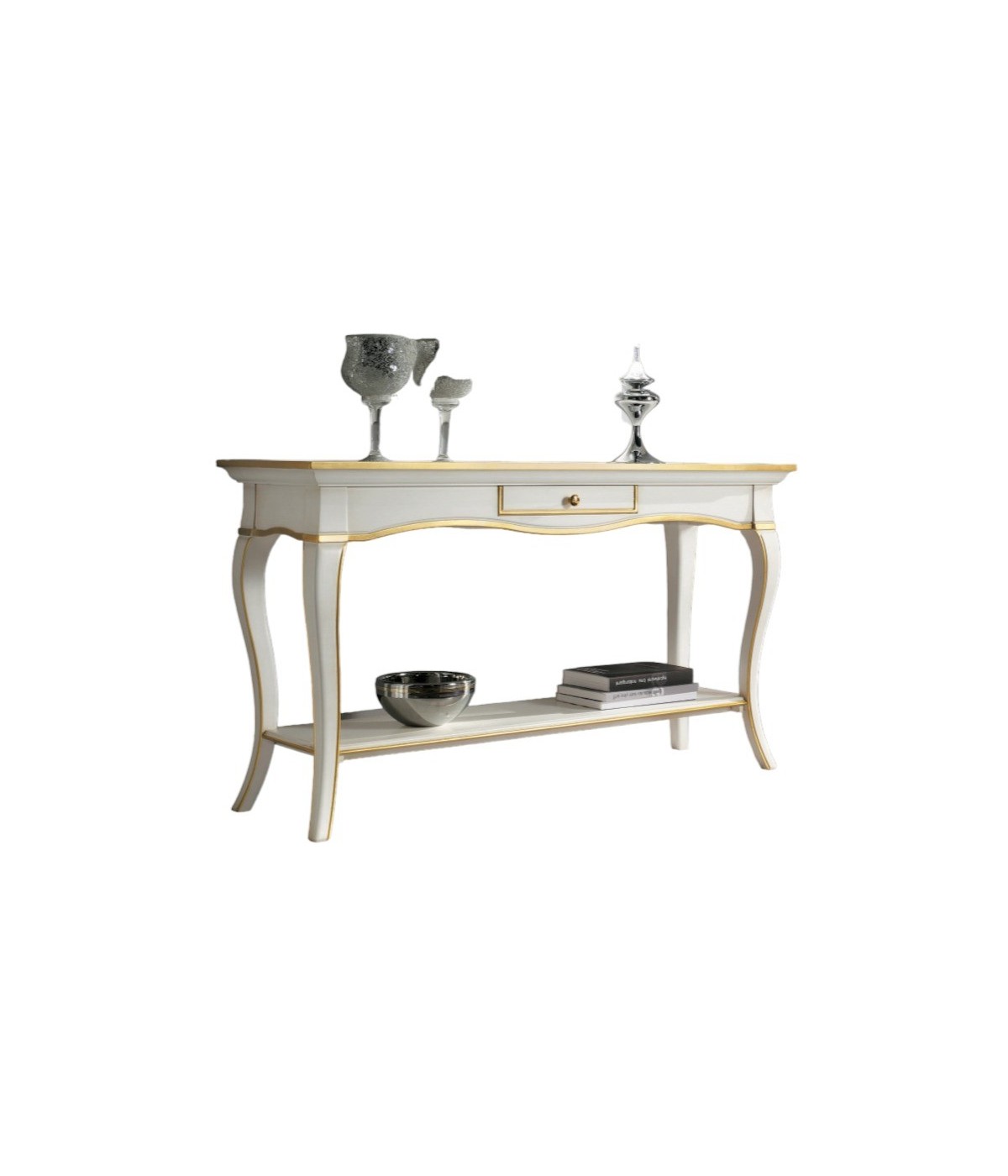 MOBILI 2G - Consolle 1 cassetto legno bianco oro shabby 135X47x80 vista frontale