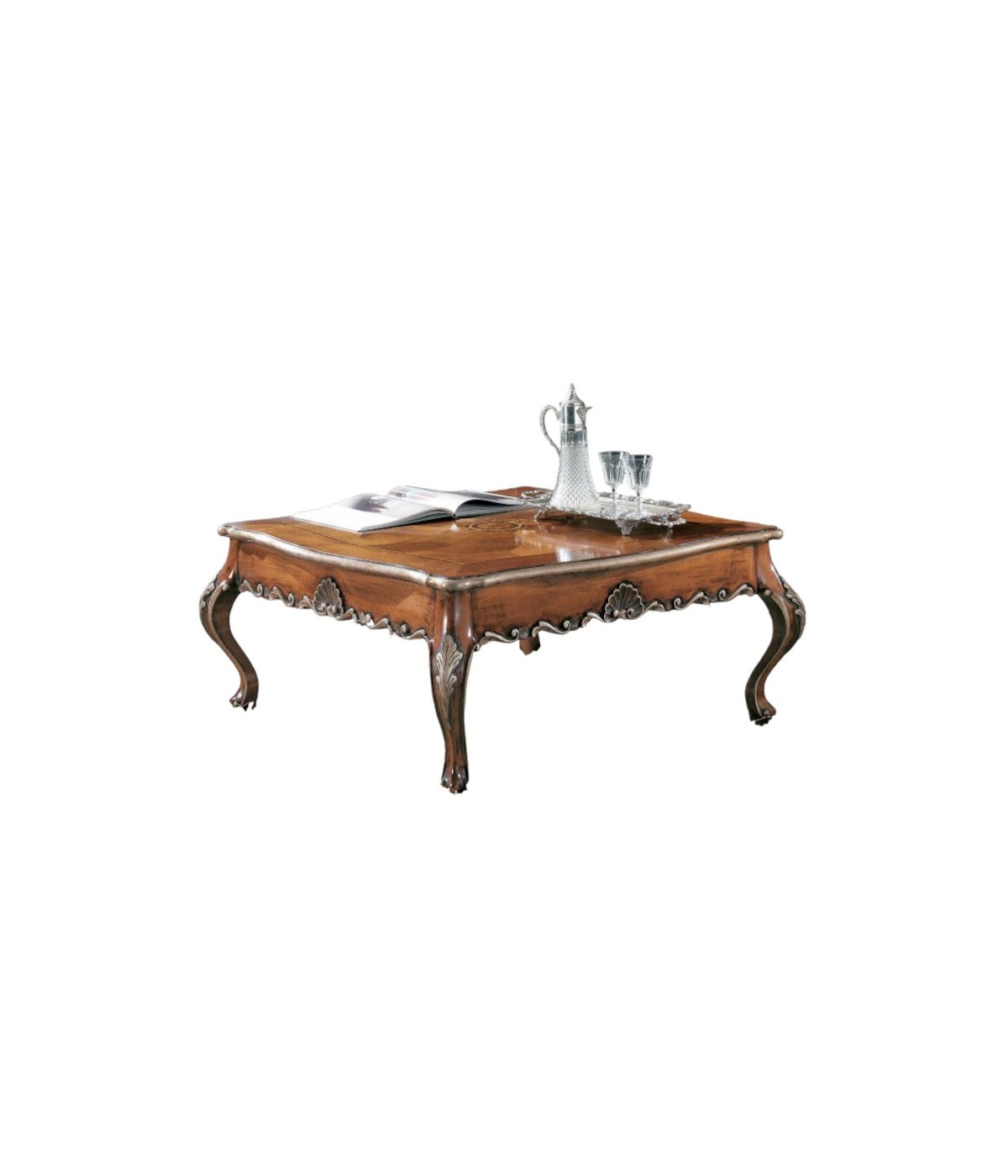 MOBILI 2G - Tavolino quadrato classico legno intarsio bassano argento 104X104x48 VISTA FRONTALE
