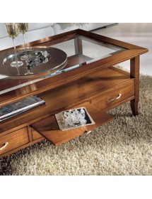 MOBILI 2G - Tavolino rettangolare classico 4 cassetti 2 tiretti legno bassano 130x70x48 vista frontale tiretto aperto