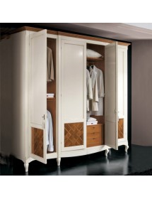 MOBILI 2G - Armadio classico 4 porte intarsiate Legno bicolore shabby 286x65x255 vista frontale aperto