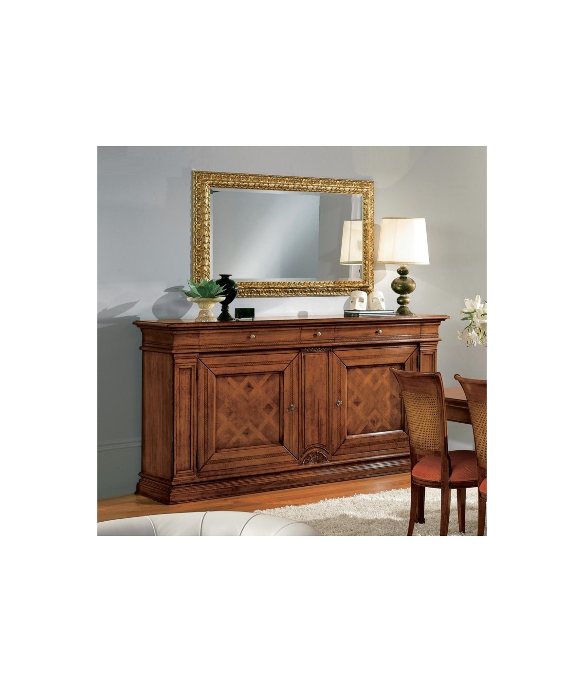 MOBILI 2G - Credenza classica 2 porte 3 cassetti legno bassano intarsio 215X56x117 vista frontale