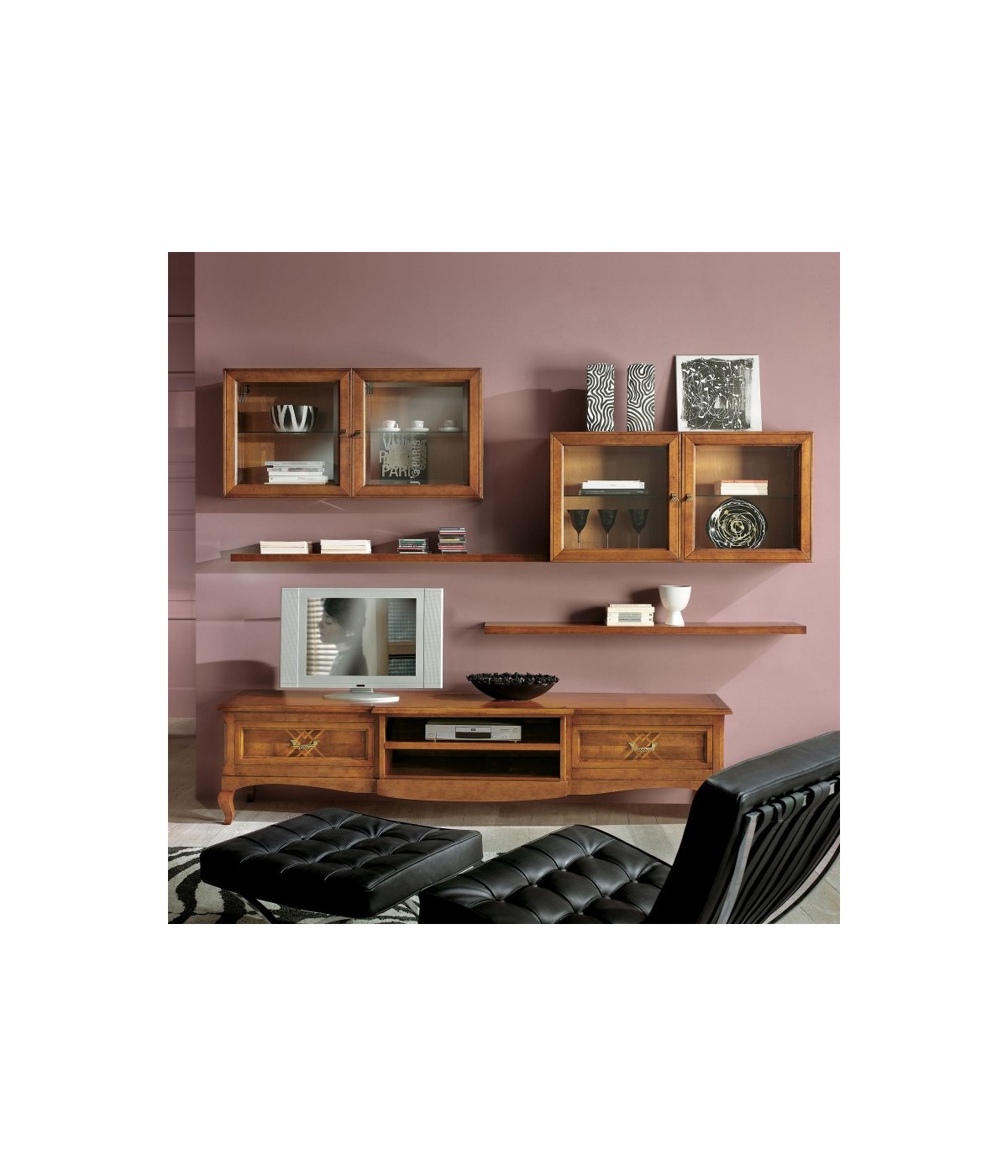 MOBILI 2G - Parete Attrezzata porta tv classica intarsio Legno bassano VISTA FRONTALE