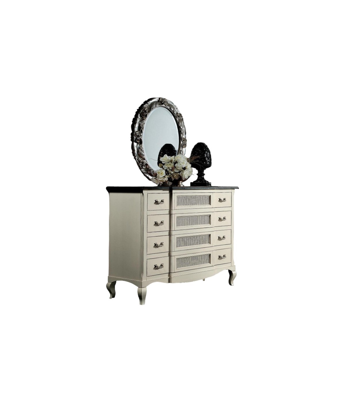 MOBILI 2G - Cassettiera 4 cassetti Legno Shabby Bianco bicolore 124x55x105 VISTA FRONTALE