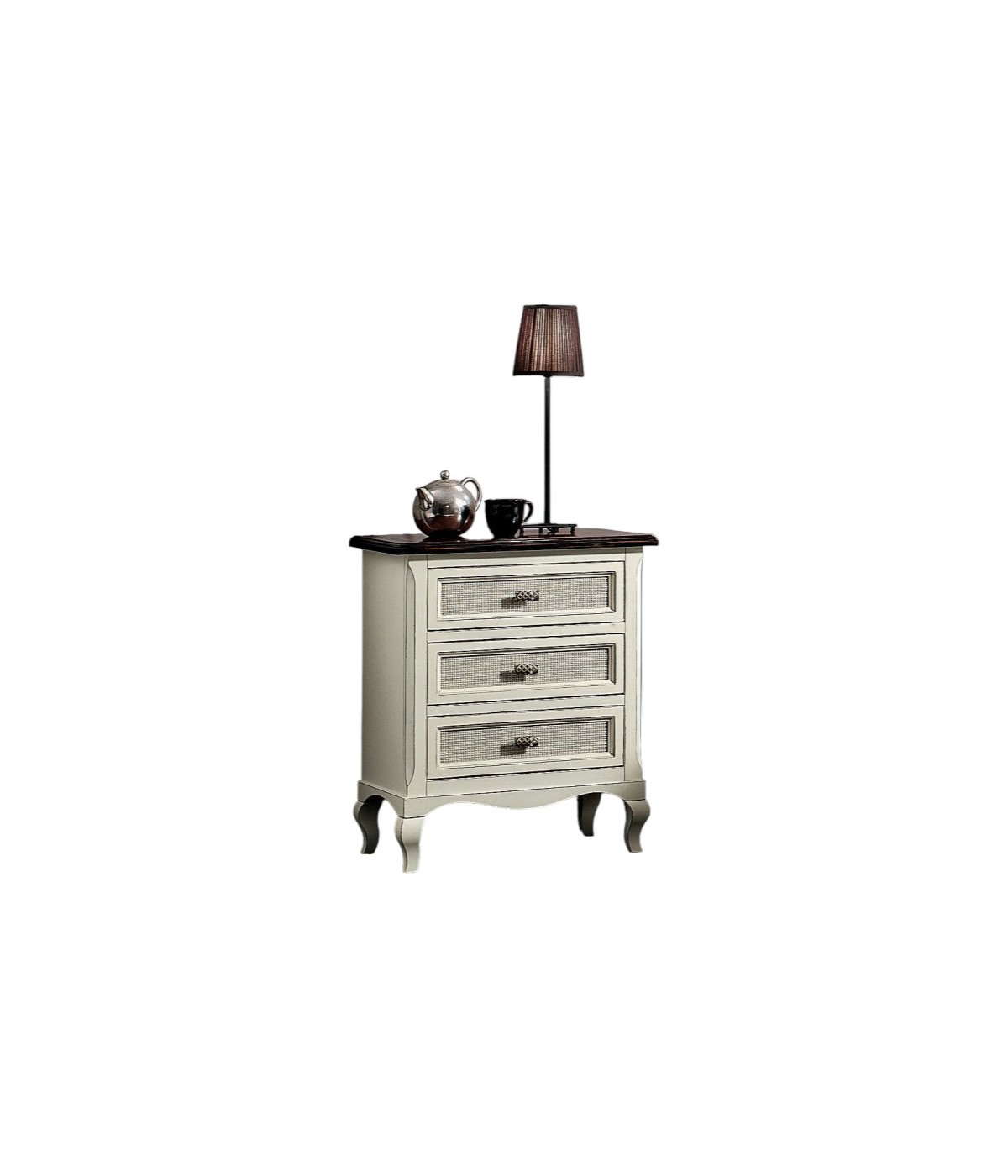 MOBILI 2G - Comodino 3 cassetti Legno Shabby Bianco bicolore 53x38x66 vista frontale