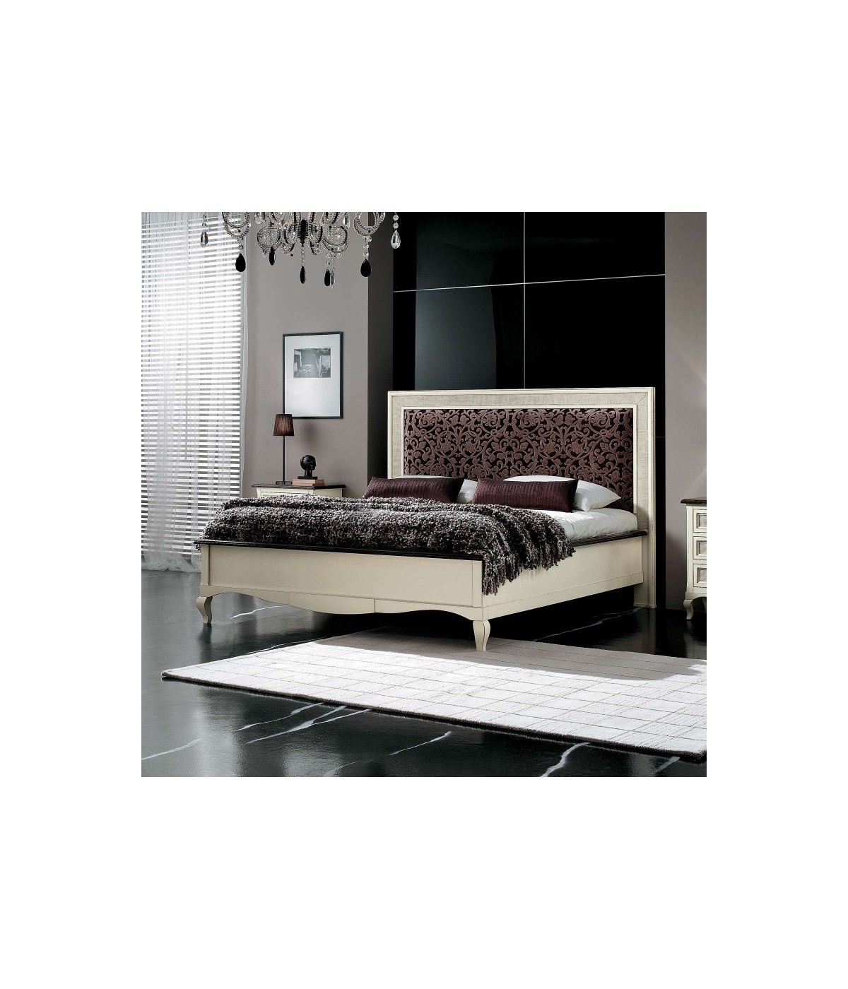 MOBILI 2G - Letto matrimoniale Classico imbottito Legno Bianco shabby 182x211x130 vista frontale