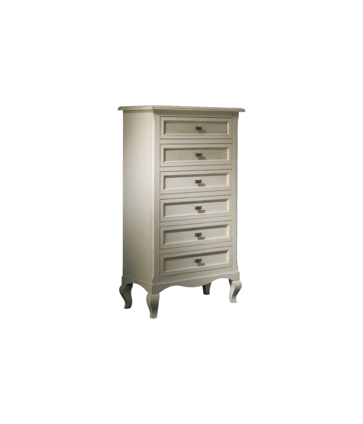 MOBILI 2G - Cassettiera 6 cassetti paglia di vienna Legno Shabby Bianco invecchiato 69x43x131 vista frontale
