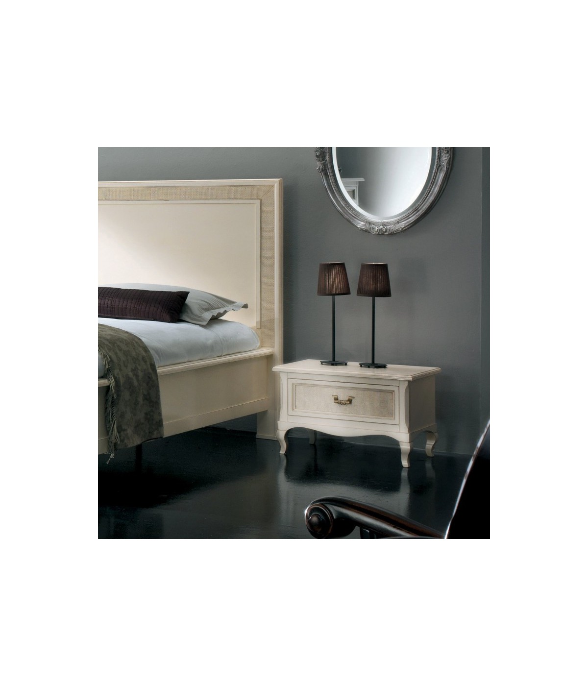 MOBILI 2G - Comodino 1 cassetto paglia di vienna Legno bianco invecchiato Shabby 62x43x41 vista frontale